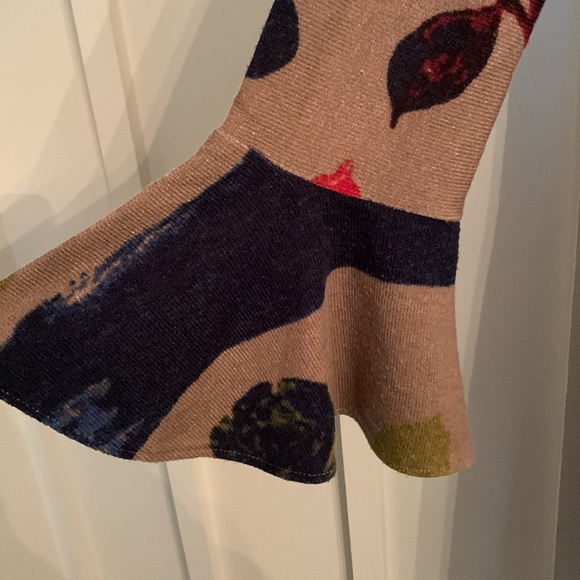 Modern Floral long sleeve Mock neck knit bell sleeve dress tan red  blue M - Picture 4 of 8